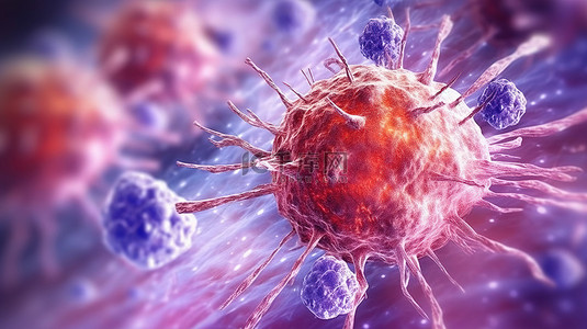 描述癌症医学概念的抽象背景 T 细胞或癌细胞的 3D 插图