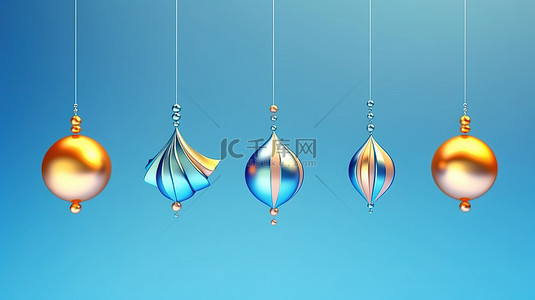 蓝色背景下色彩鲜艳的当代圣诞装饰品的 3D 插图