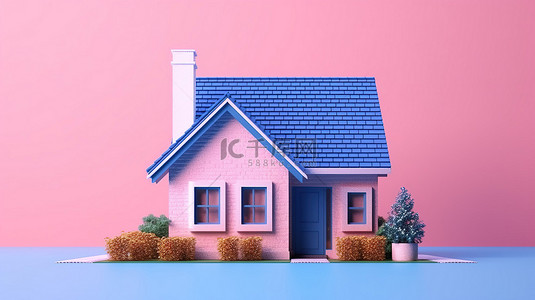 粉红色背景下当代蓝砖家庭小屋的双色调风格 3D 渲染
