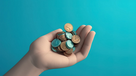 蓝色背景 3D 渲染商业设计中可爱的手与货币