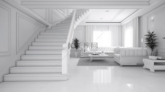 天花板客厅背景图片_现代客厅入口突出显示通往二楼 3D 渲染的白色楼梯