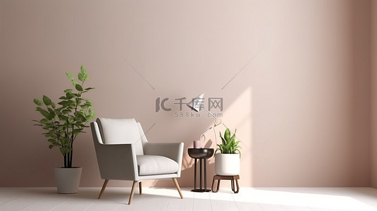 内页样机背景图片_内墙上有椅子和花瓶的客厅的 3D 渲染插图