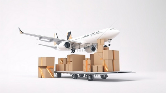 卡通玩具背景图片_卡通玩具喷气式飞机交付货物的 3D 渲染，白色背景上有快速交付标志