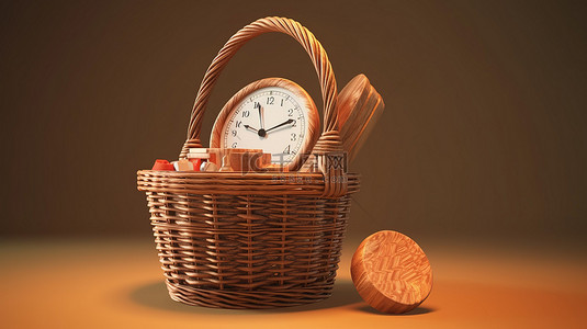 购物篮子背景图片_用篮子袋和硬币进行 3D 渲染的购物时间插图