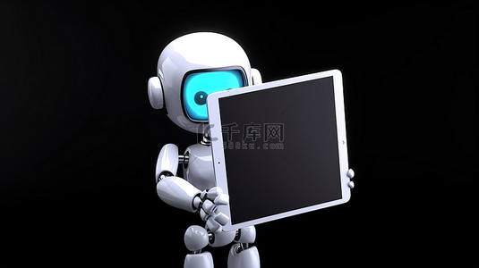 可爱的机器人背景图片_3D 渲染中带有空白平板电脑屏幕的可爱助理机器人