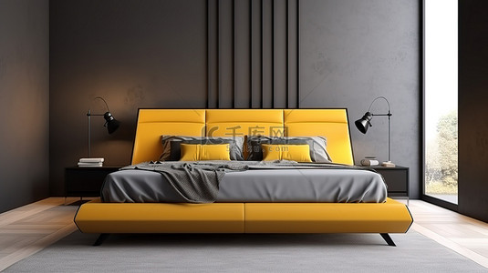 黄墙房间的现代睡眠空间 3D 渲染，配有别致的双人床和隐蔽的入口