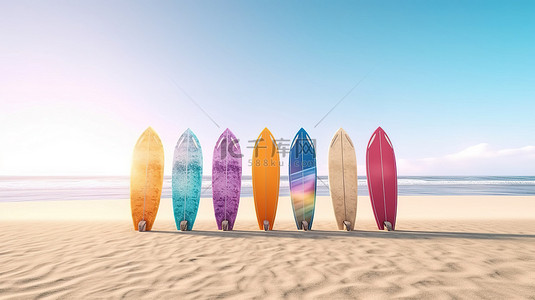 沙滩冲浪板背景图片_在阳光明媚的夏日，充满活力的冲浪板装饰着沙滩，白色背景 3D 渲染