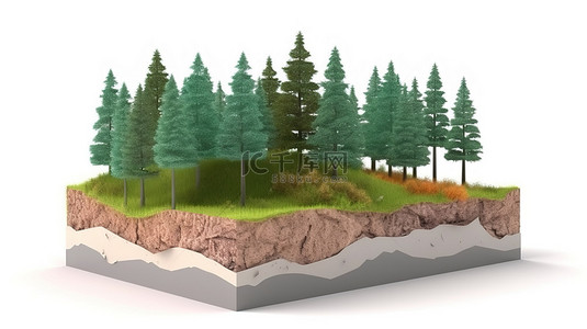 地质背景图片_立方体形式的令人惊叹的 3D 森林景观，以树木土壤和地质为特征，在白色背景上隔离的地面生态的横截面图