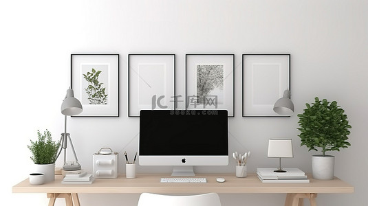 时尚的家庭办公室设置，配有 PC 电脑简约装饰和白墙背景 3D 渲染