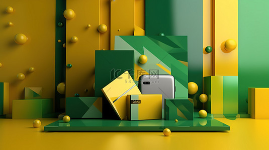 生日几何背景图片_黄色和绿色色调几何平台的 3D 渲染，具有信用卡和礼品盒概念
