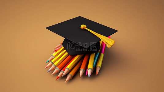 设计学生背景图片_回到学校，现代等距设计，以 3D 铅笔和体现教育概念的毕业帽为特色