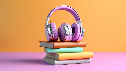 有声读物概念 3D 渲染耳机和堆放在柔和紫色背景上的书籍