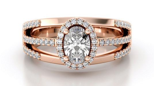 3D 渲染玫瑰金光环订婚戒指，分体戒圈和椭圆形主石，饰有副钻