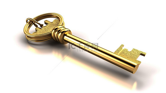白色背景上插入钥匙孔的金钥匙的 3D 插图