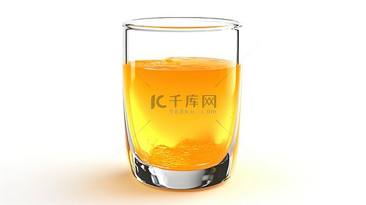 白色背景 3D 渲染中隔离的玻璃中的橙色液体