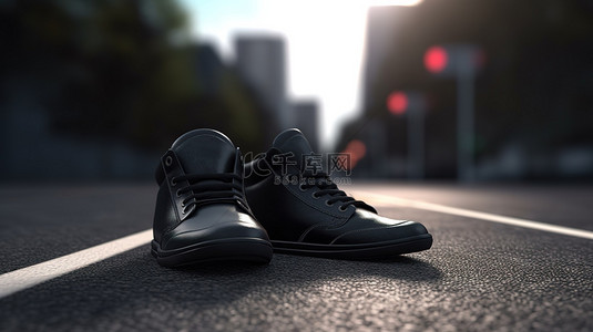 男鞋背景背景图片_沥青路冒险 3d 渲染黑色皮鞋