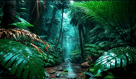 中植背景图片_雨中的森林树叶唯美风景绿色自然背景