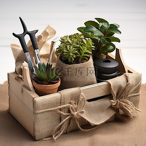质朴的花背景图片_质朴的粗麻布盒，配有植物和园艺工具