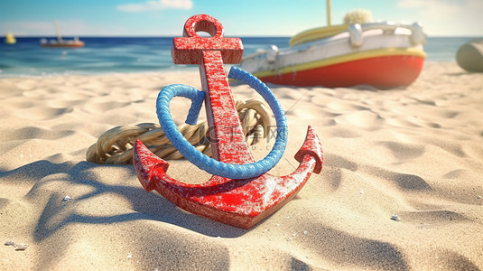 在阳光明媚的海滩上关闭航海锚和救生圈的 3D 渲染