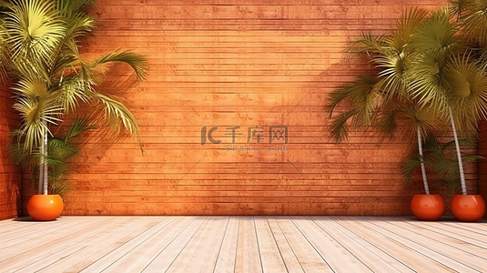 阳光明媚的夏日，热带度假胜地郁郁葱葱的绿色棕榈树与沙滩上的橙色木墙的 3D 渲染