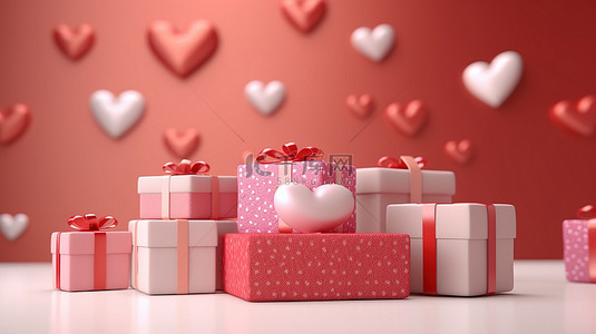 情人主题背景图片_情人节主题 3D 插图，在节日背景下装饰心形礼品盒