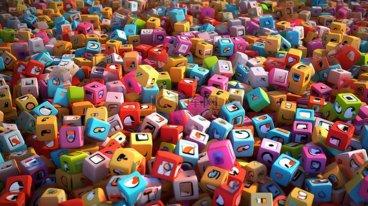 分散在众多立方体中的社交网络图标的 3D 插图