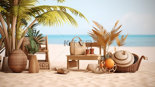 海面岛屿背景图片_3D 渲染海滩小插图与壁纸装饰道具