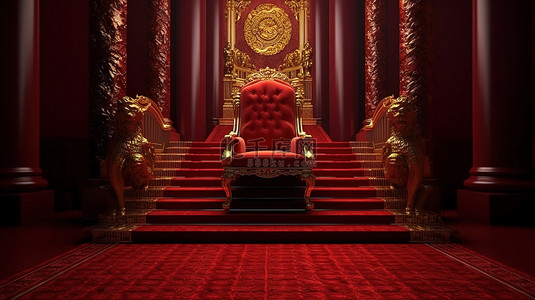 红色皇家椅子楼梯金绳屏障和红地毯的豪华王座 3D 渲染