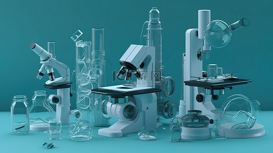 化学实验室器皿背景图片_用于蓝色背景化学研究的实验室设备和显微镜的 3D 渲染