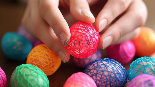 近距离儿童用白色背景上的 3D 钢笔塑料丝制作复活节彩蛋