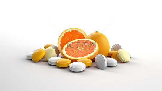 白色背景 3D 插图上的灰色和橙色膳食补充剂片剂