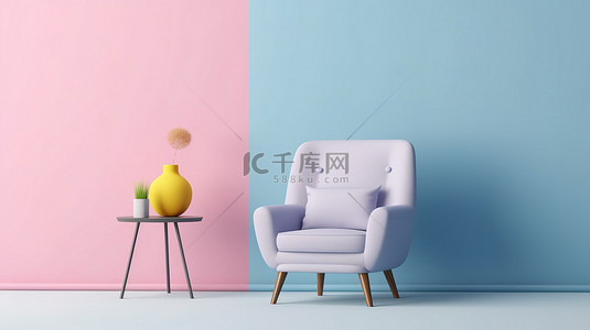 简约客厅的 3D 渲染，配有淡粉色墙壁浅蓝色扶手椅和黄色边桌
