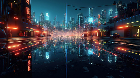未来智能城市 3D 渲染的霓虹灯大都市，街道反射水坑的光