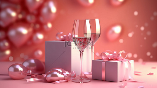 带粉红色心形装饰和粉红色礼品盒的香槟杯的 3D 渲染