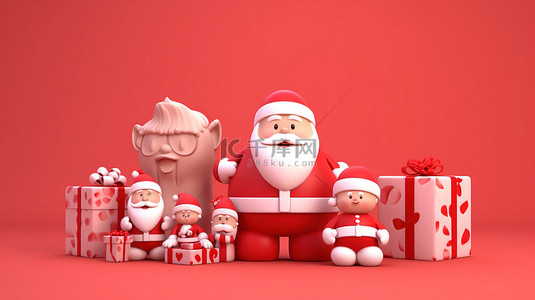 以圣诞老人和朋友为特色的 3D 渲染喜庆红色圣诞场景