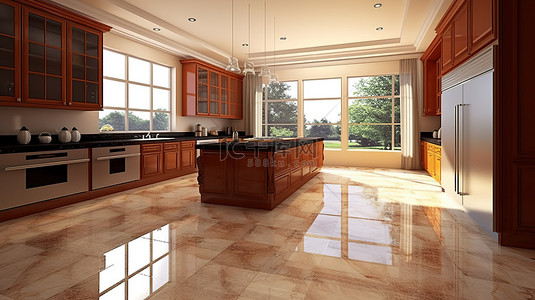豪华厨房的 3D 渲染，配有瓷砖地板染色橱柜和大理石台面