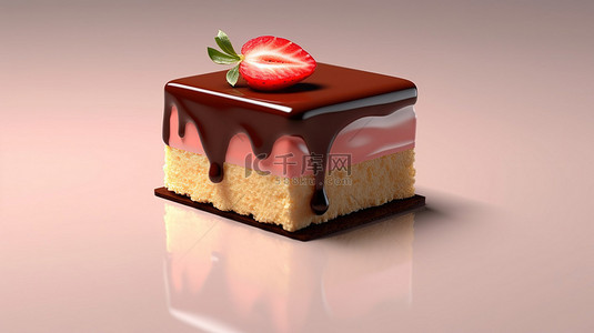 令人垂涎欲滴的草莓奶油蛋糕，配上光滑的巧克力细雨 3D 渲染图标