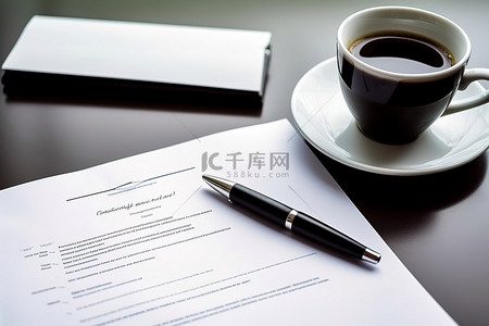 一杯咖啡放在一张纸旁边，旁边是一份协议