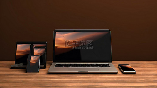木制背景下 3D 模型中的技术三重奏笔记本电脑平板电脑和手机