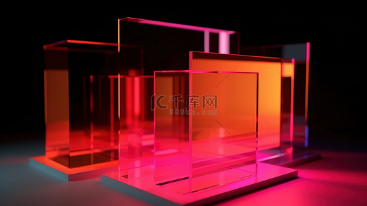 亚克力透明背景图片_重叠的透明亚克力板在充满活力的霓虹橙色和粉红色工作室渲染中