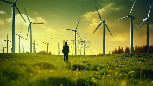 电力工程师背景图片_3d 渲染风电场与工程师推广绿色能源概念