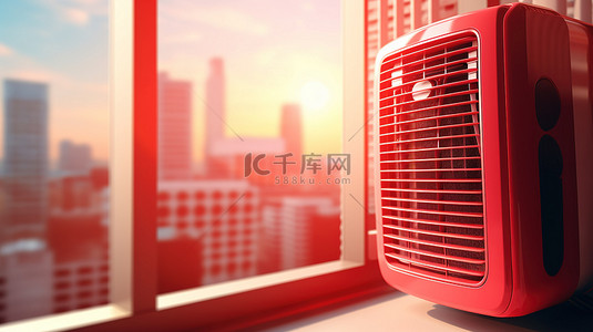炎热背景图片_极端特写中红窗旁边紧凑型空调的 3D 渲染