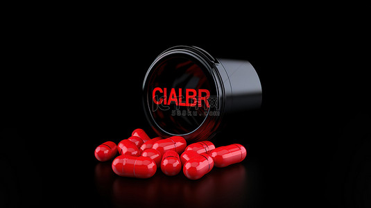 黑色背景 3d 渲染上的革命性癌症治疗红色药丸