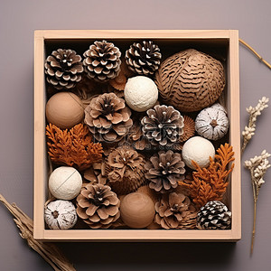松果背景图片_一个棕色的木盒子，里面有松果松果和球