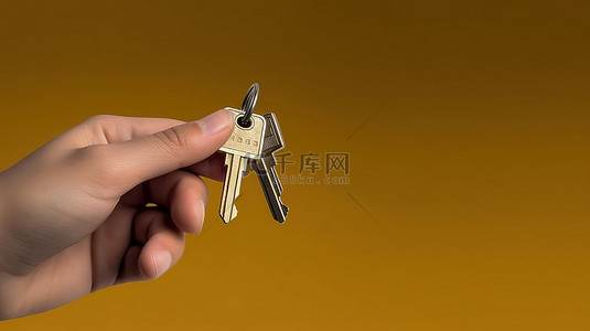 带有房屋钥匙的钥匙链的 3D 插图，非常适合购房或租赁模板