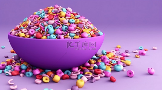 紫色背景上彩色洒水作为蛋糕和面包店装饰的 3D 插图