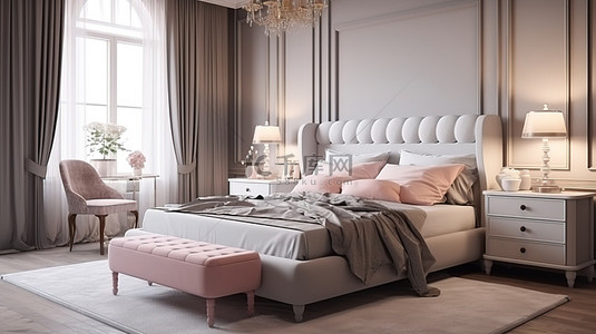 布床背景图片_宽敞的英式卧室设计，配有毛绒布床优雅的床头柜宽敞的衣柜和梳妆镜 3D 渲染