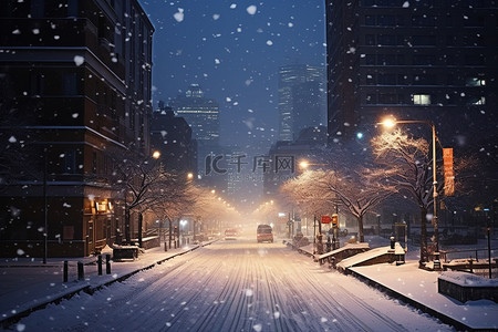 城市的冬天背景图片_冬天，道路上有积雪的城市