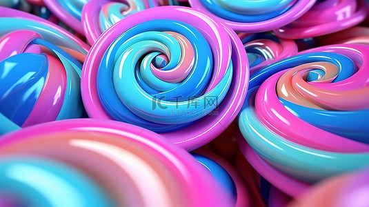 光滑的蓝色和绿色 3D 螺旋，具有抽象的粉色和紫色圆形形状渲染插图