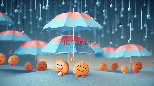 卡通雨背景图片_雨季在 3D 渲染中概念化了雨伞和云彩的卡通描绘